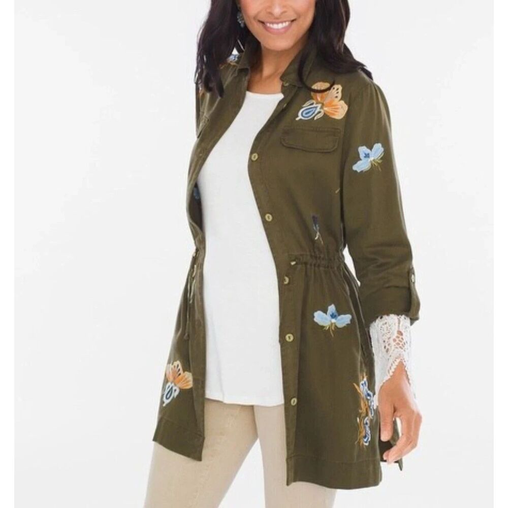 Chicos Embroidered Olive Green Butterfly Utility Shirt Dress Long Line Shacket S